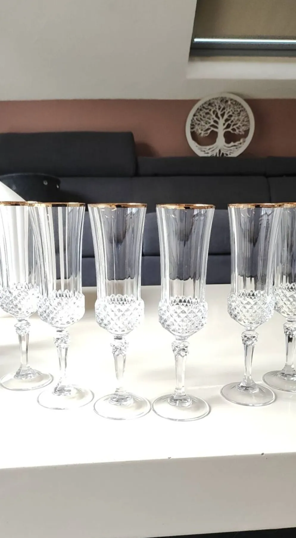 Lot 6 x Flûtes à Champagne cristal/Mod Valencay Gold/Cristal d Arques