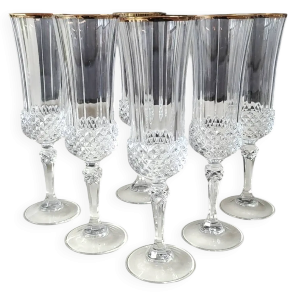 Lot 6 x Flûtes à Champagne cristal/Mod Valencay Gold/Cristal d Arques