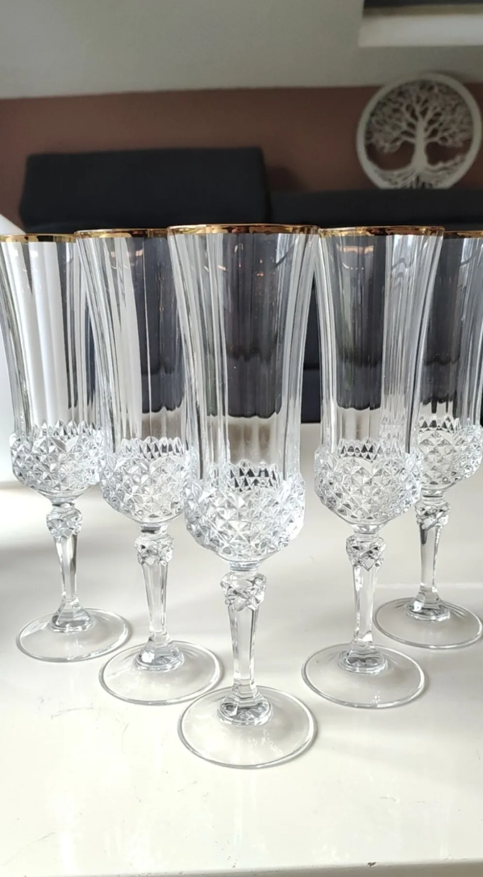 Lot 6 x Flûtes à Champagne cristal/Mod Valencay Gold/Cristal d Arques