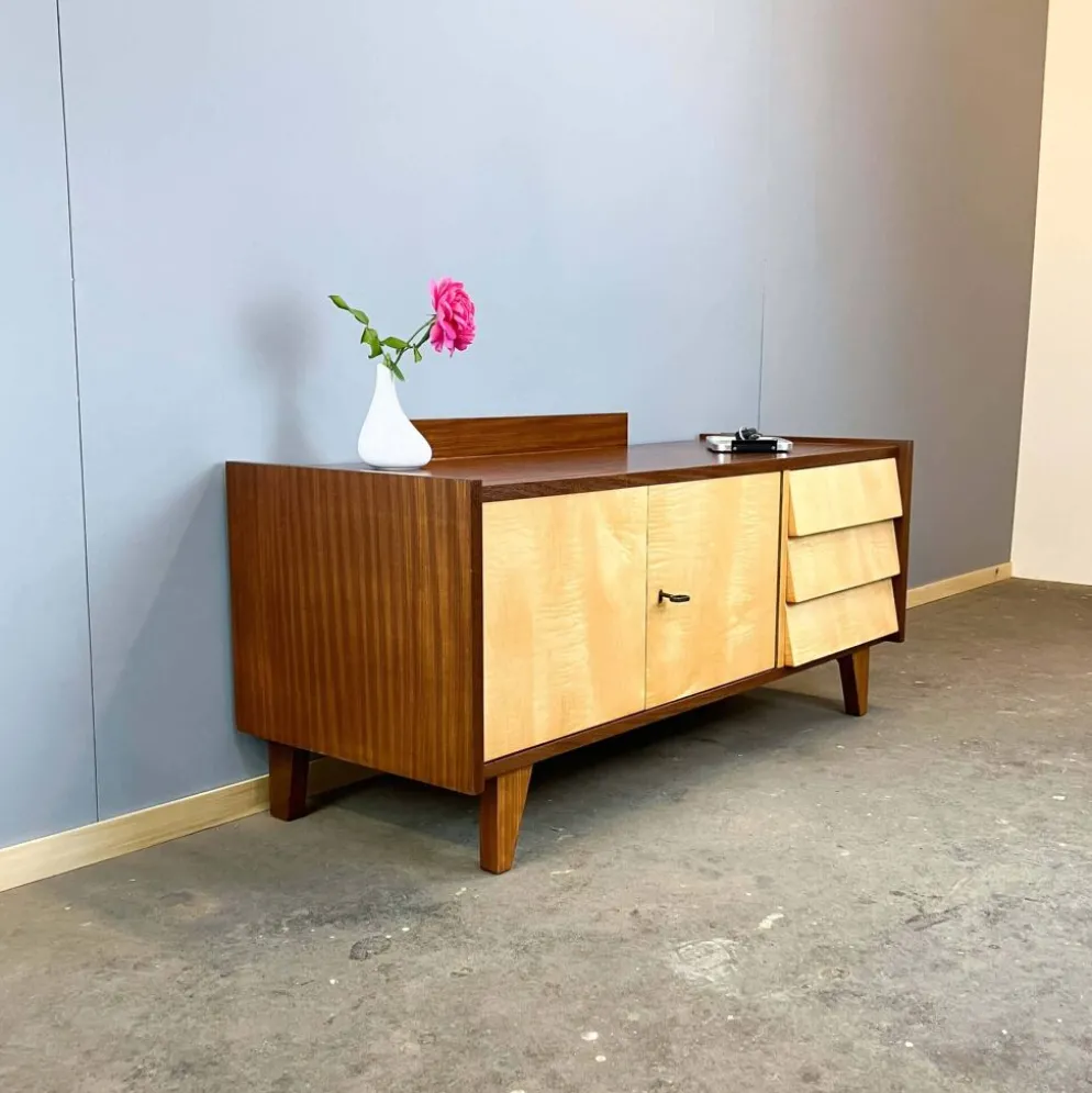 Lowboard, petit meuble de hall avec tiroirs, érable rayé, années 1960