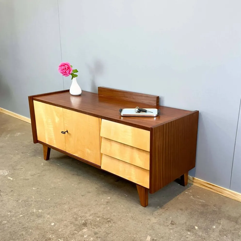 Lowboard, petit meuble de hall avec tiroirs, érable rayé, années 1960