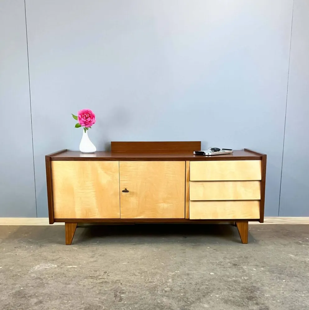 Lowboard, petit meuble de hall avec tiroirs, érable rayé, années 1960