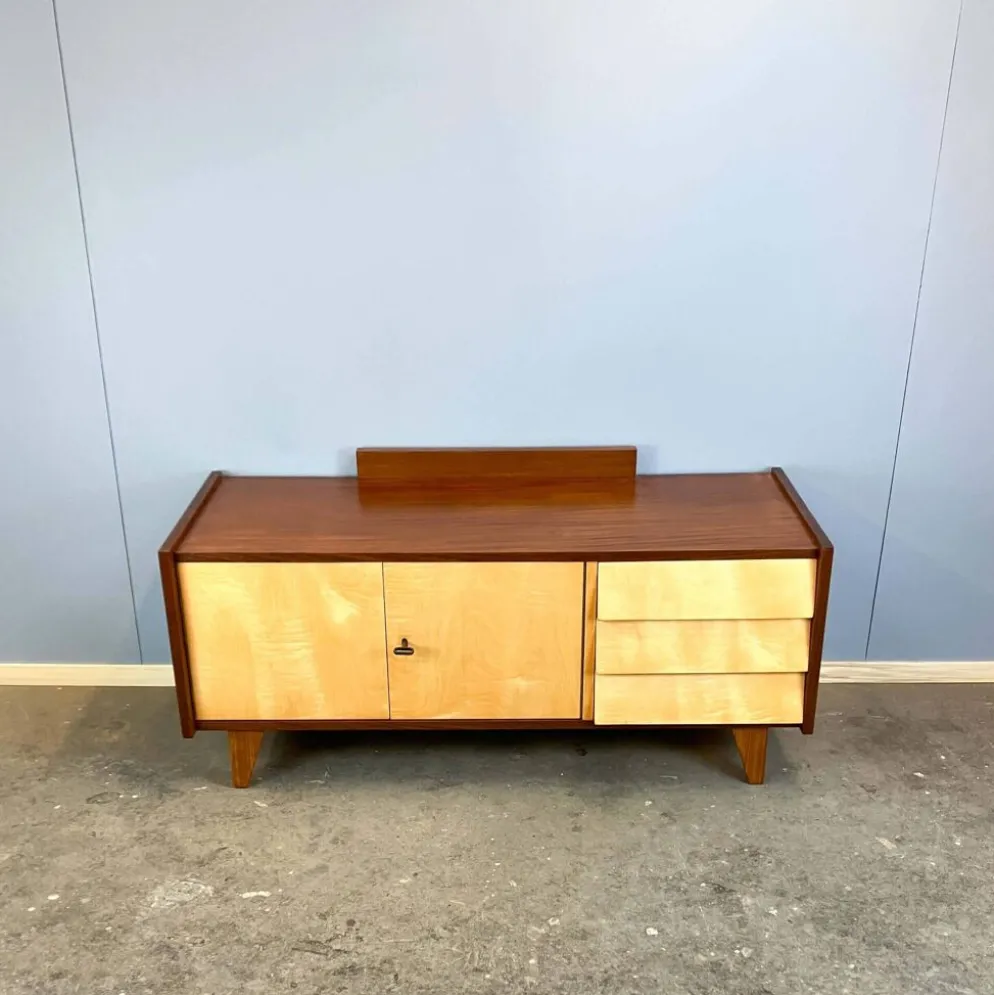 Lowboard, petit meuble de hall avec tiroirs, érable rayé, années 1960