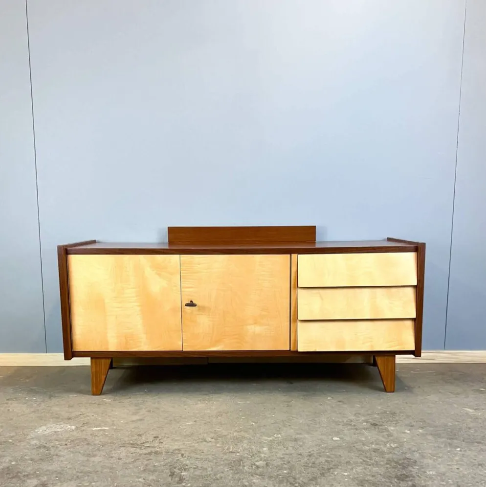 Lowboard, petit meuble de hall avec tiroirs, érable rayé, années 1960