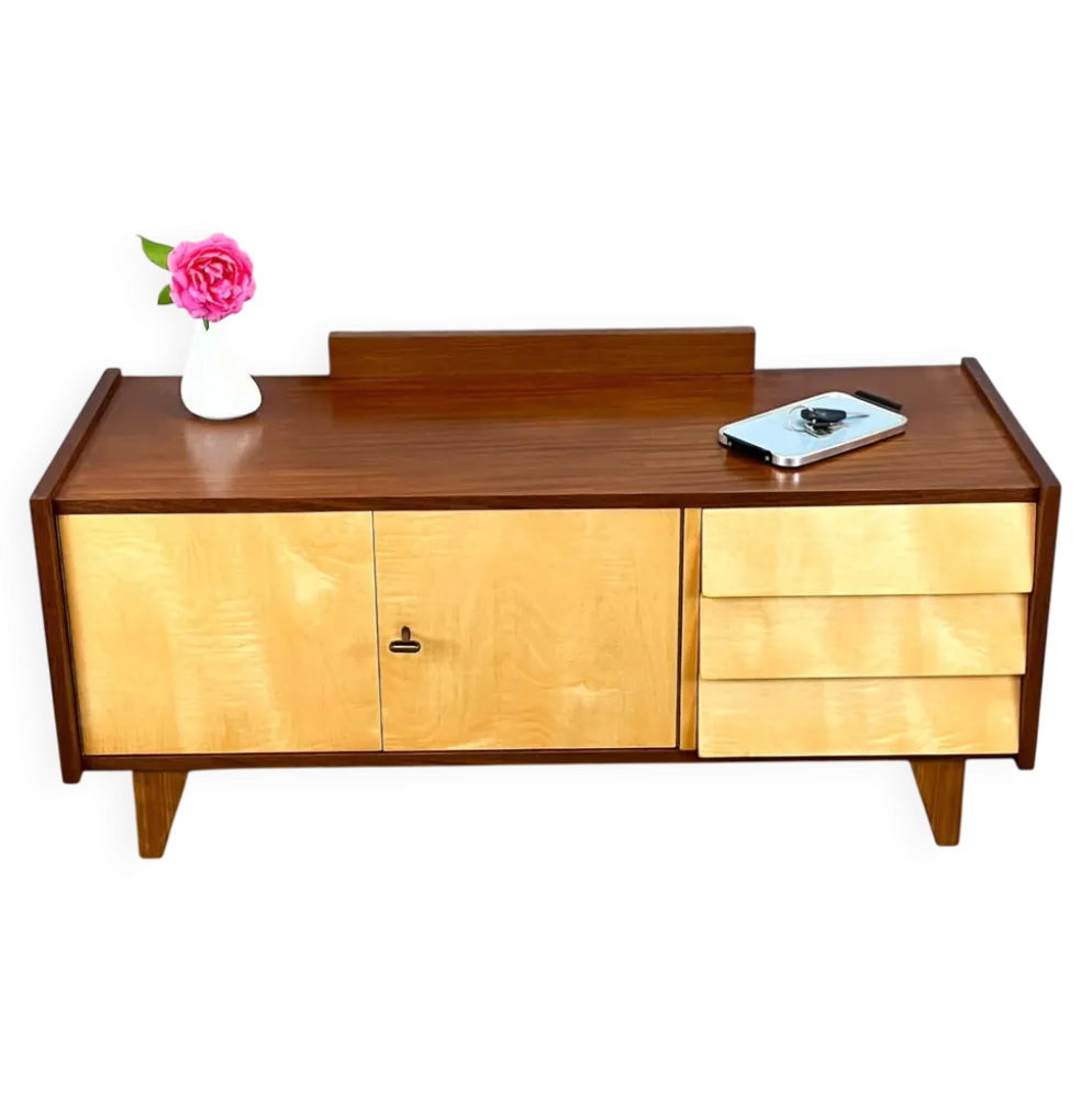 Lowboard, petit meuble de hall avec tiroirs, érable rayé, années 1960