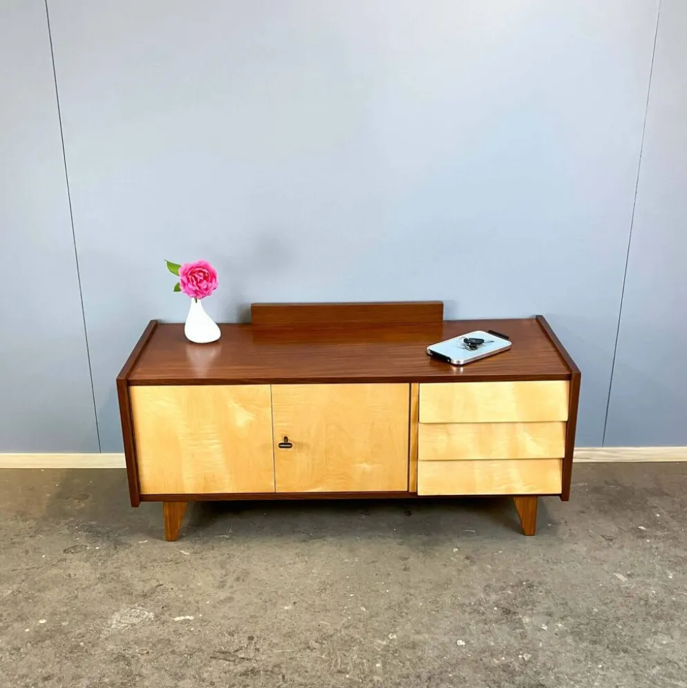 Lowboard, petit meuble de hall avec tiroirs, érable rayé, années 1960