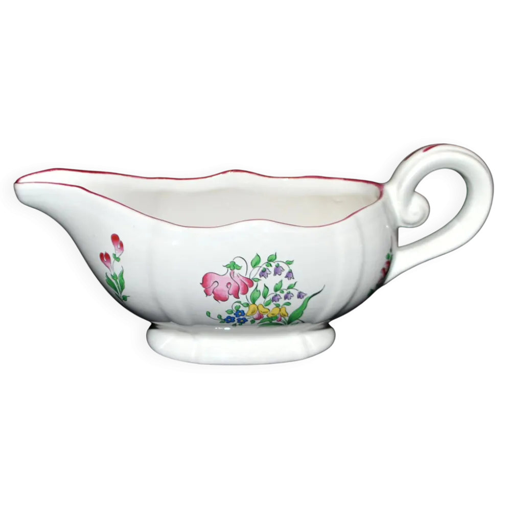 Lunéville KG saucière réverbère en faïence fleuri polychrome peint main 1981