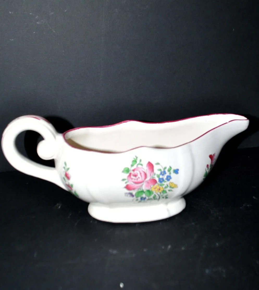 Lunéville KG saucière réverbère en faïence fleuri polychrome peint main 1981