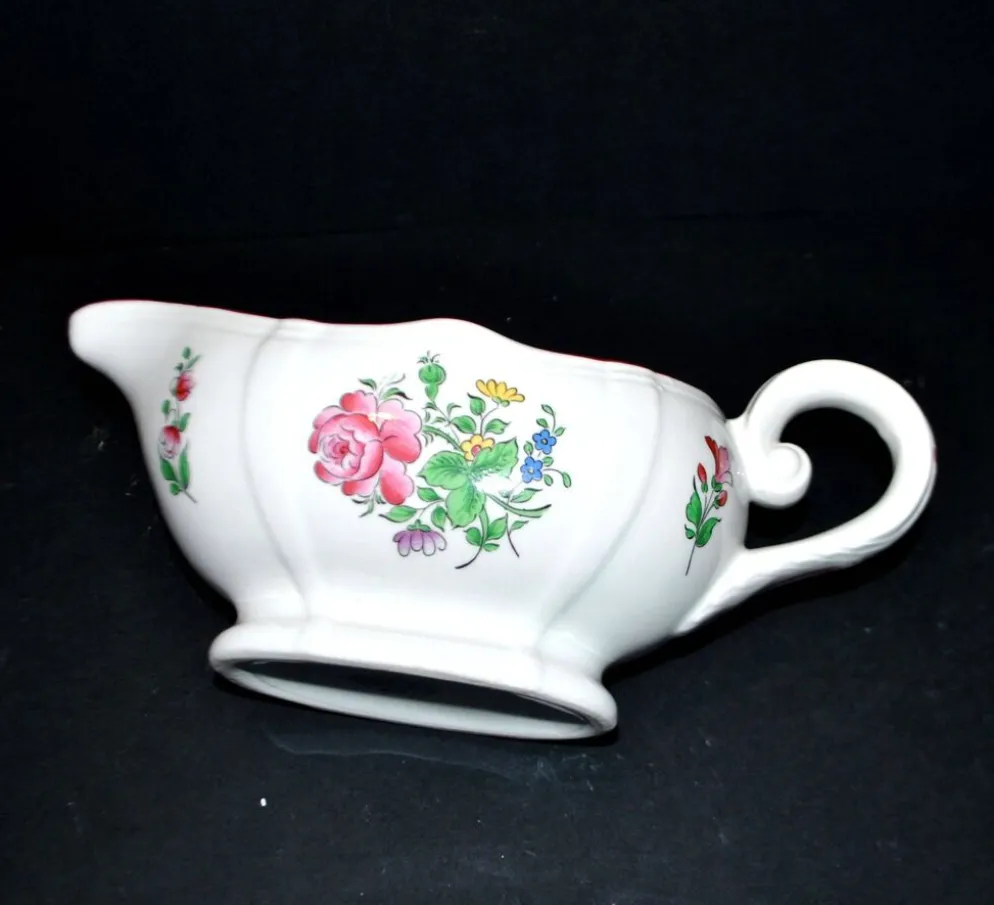 Lunéville KG saucière réverbère en faïence fleuri polychrome peint main 1981