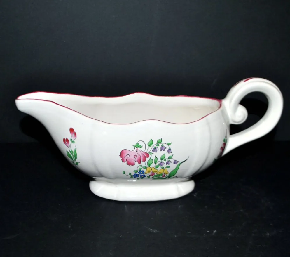 Lunéville KG saucière réverbère en faïence fleuri polychrome peint main 1981