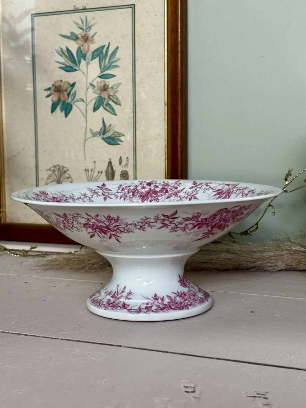 Magnifique compotier ancien porcelaine fine décor floral rose