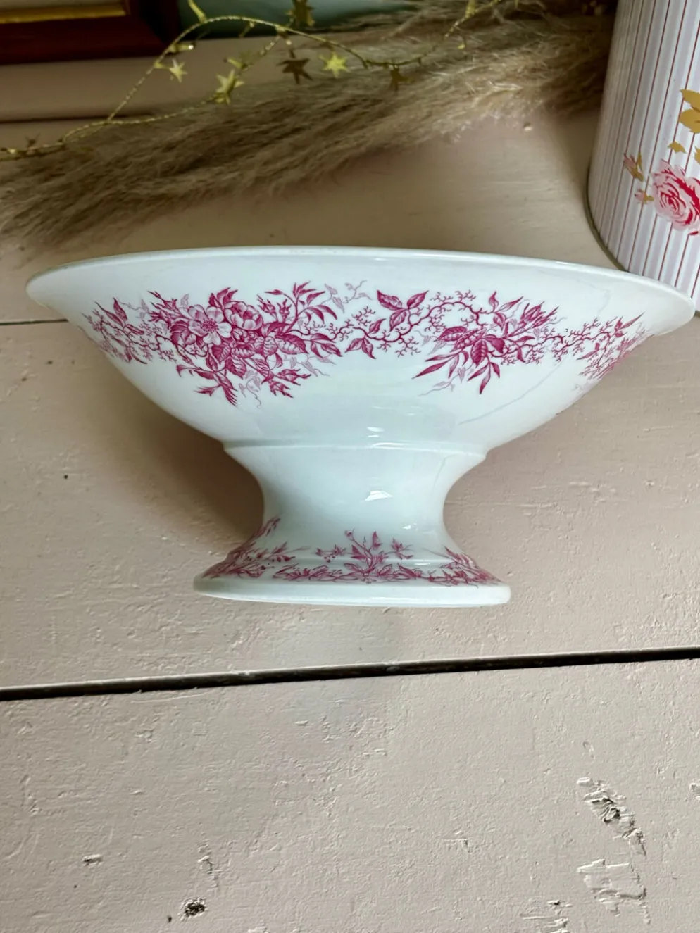 Magnifique compotier ancien porcelaine fine décor floral rose
