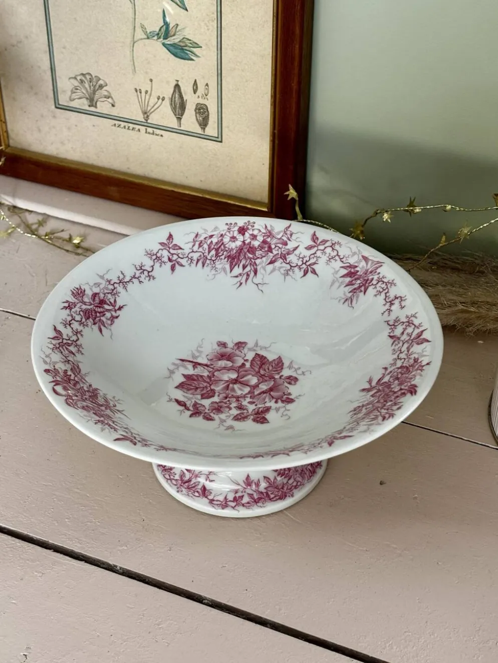 Magnifique compotier ancien porcelaine fine décor floral rose