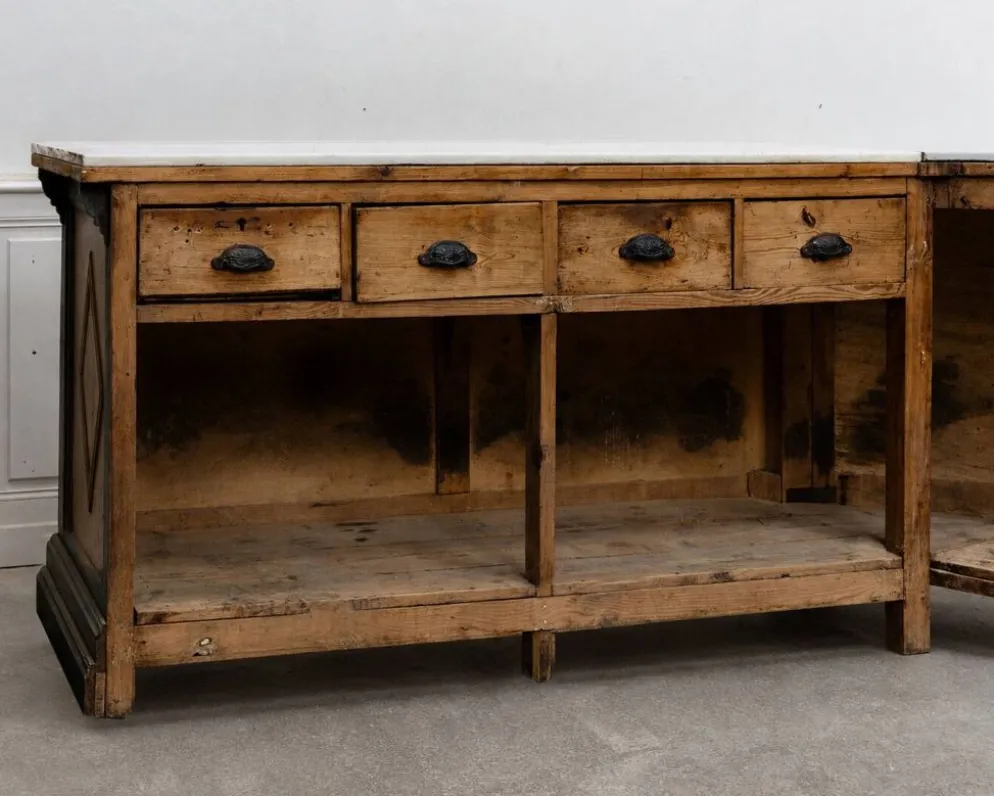 Magnifique comptoir ancien italien avec plateau en marbre, 19ème