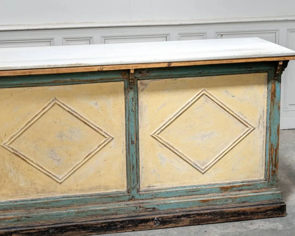 Magnifique comptoir ancien italien avec plateau en marbre, 19ème