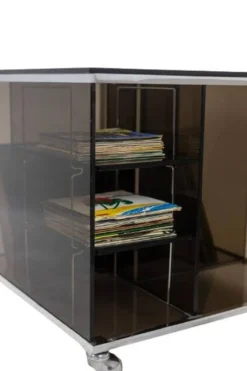 Maison Jansen. Meuble pour vinyles en verre fumé. Années 1970.