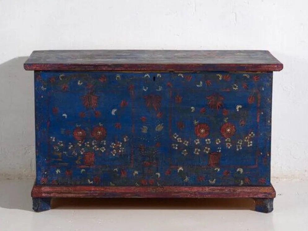 Malle ancienne bleu marine avec détails floraux (c.1920) #94