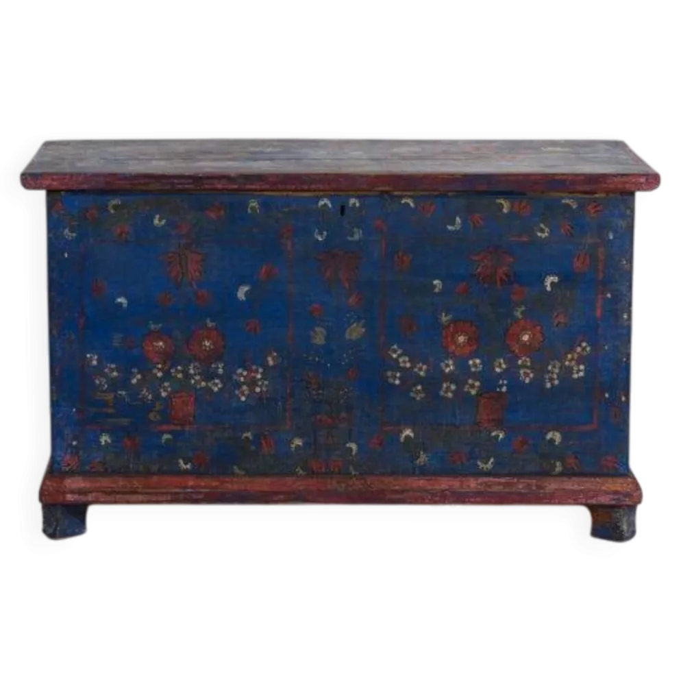 Malle ancienne bleu marine avec détails floraux (c.1920) #94