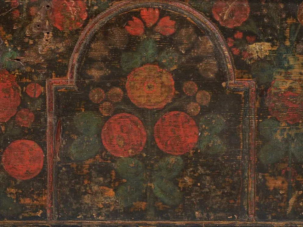 Malle ancienne de style art populaire, année 1838