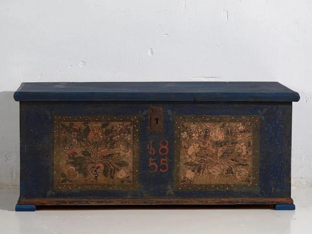Malle de mariée ancienne bleu marine (année 1855)