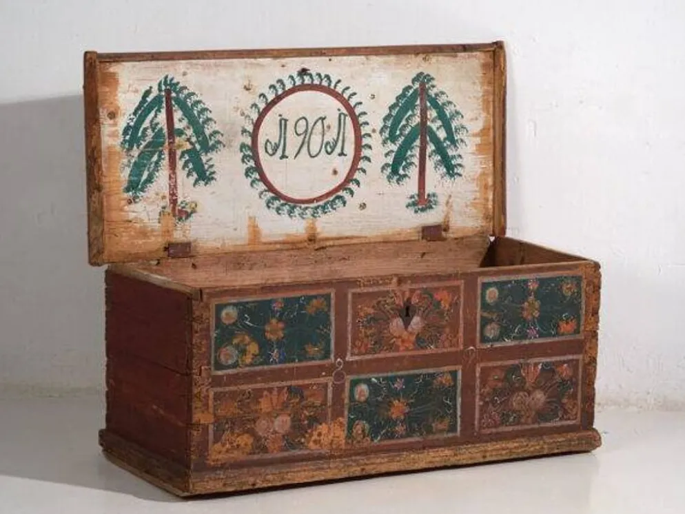 Malle de rangement ancienne avec décoration florale (année 1895) #102