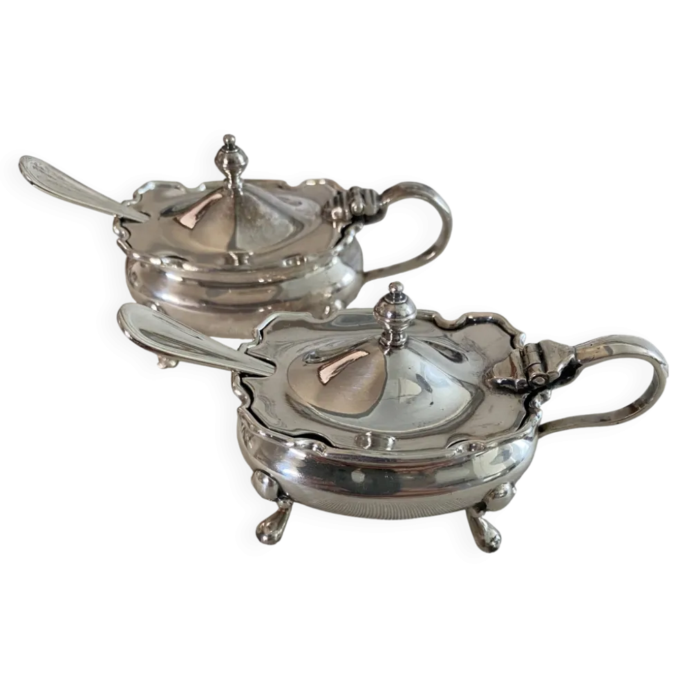 Mappin & Webb vintage, élégant service à condiments en métal argenté.