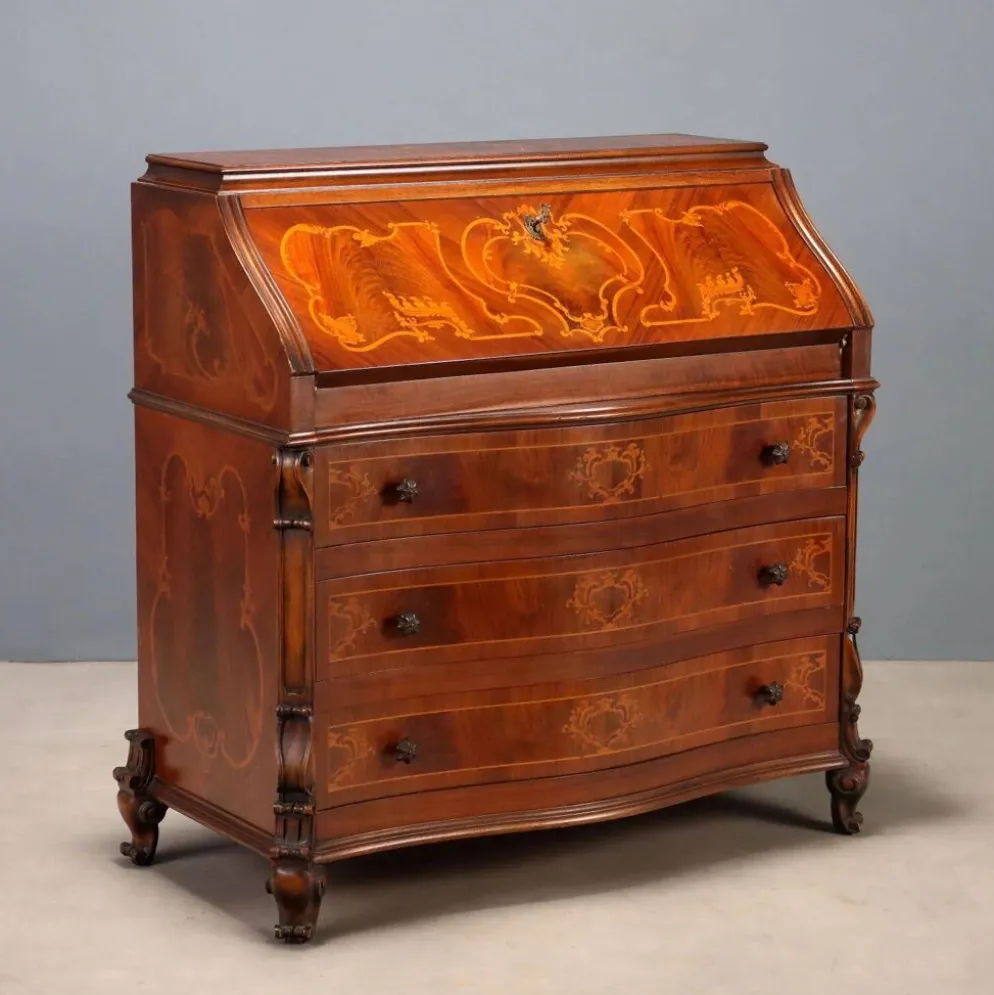 Meuble à abattant ancien en noyer avec incrustations d’érable, Italie, XXe siècle