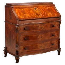 Meuble à abattant ancien en noyer avec incrustations d’érable, Italie, XXe siècle