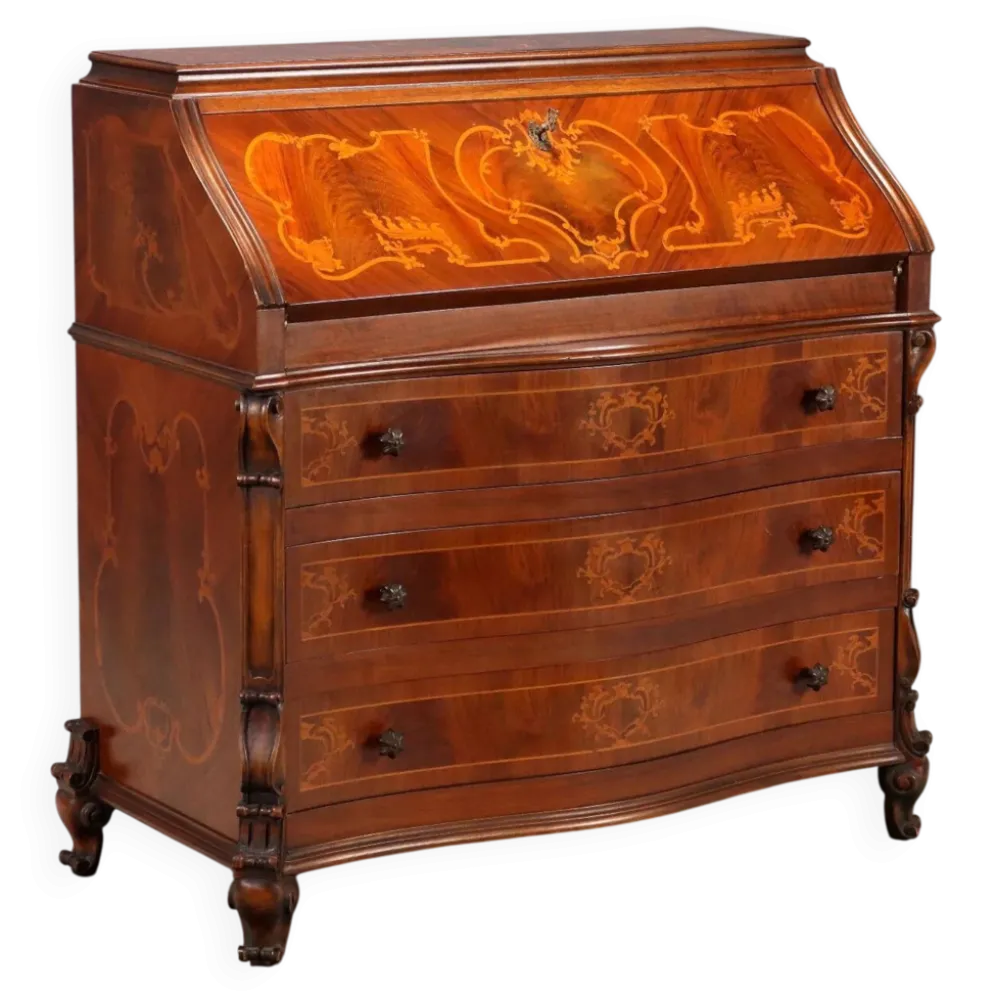 Meuble à abattant ancien en noyer avec incrustations d’érable, Italie, XXe siècle