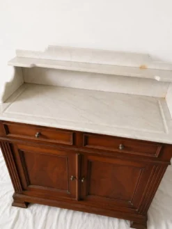 Meuble ancien en bois, marbre blanc–coiffeuse, console, meuble toilett