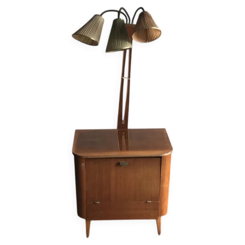 Meuble-bar Art Déco en noyer marron avec lampe intégrée et trois prises, 1950s