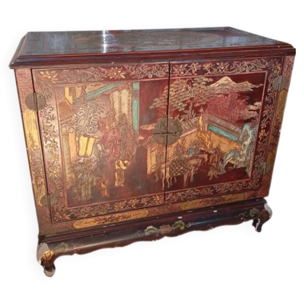 Meuble bar chinois en bois laqué et gravé – années 1970