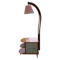 Meuble bar cocktail Art Déco marron en noyer avec lampe intégrée et vitrine miroir 1950s