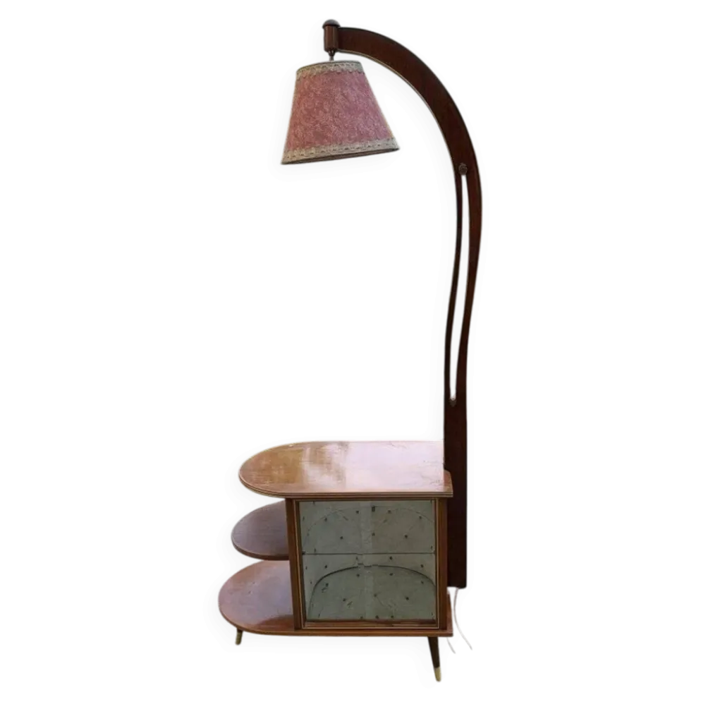 Meuble bar cocktail Art Déco marron en noyer avec lampe intégrée et vitrine miroir 1950s