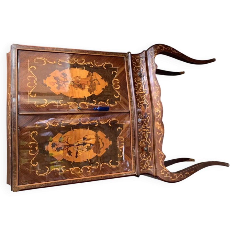 Meuble bar cocktail vintage italien marron en bois incrusté marqueterie années 1950