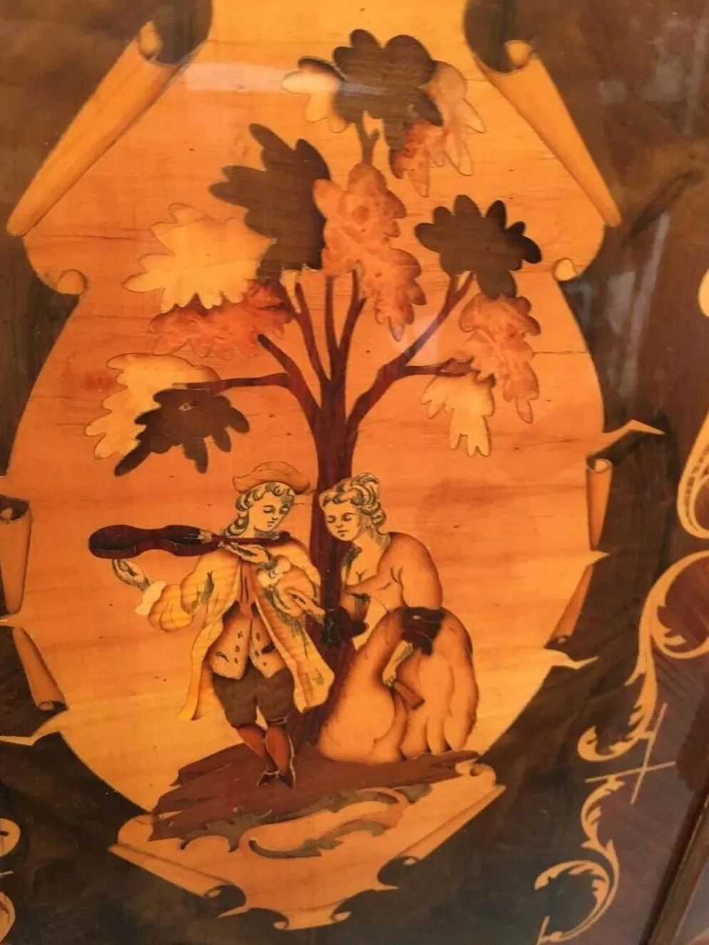 Meuble bar cocktail vintage italien marron en bois incrusté marqueterie années 1950