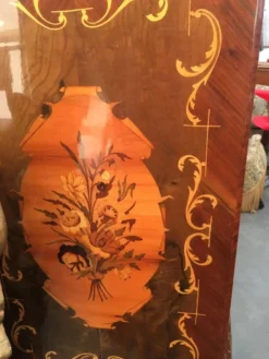 Meuble bar cocktail vintage italien marron en bois incrusté marqueterie années 1950