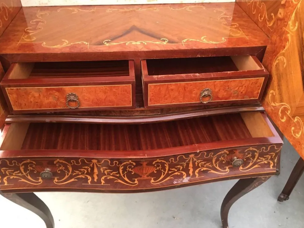 Meuble bar cocktail vintage italien marron en bois incrusté marqueterie années 1950
