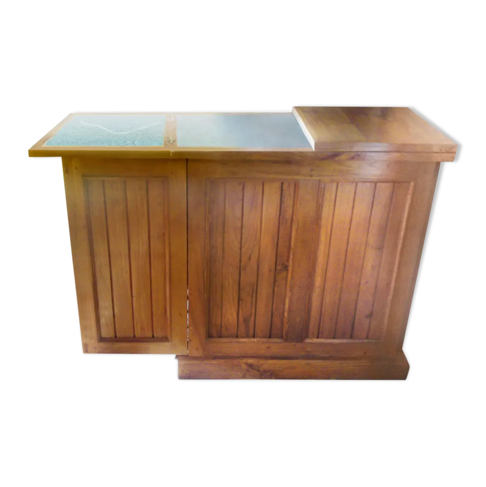 Meuble bar comptoir teck et marbre vert