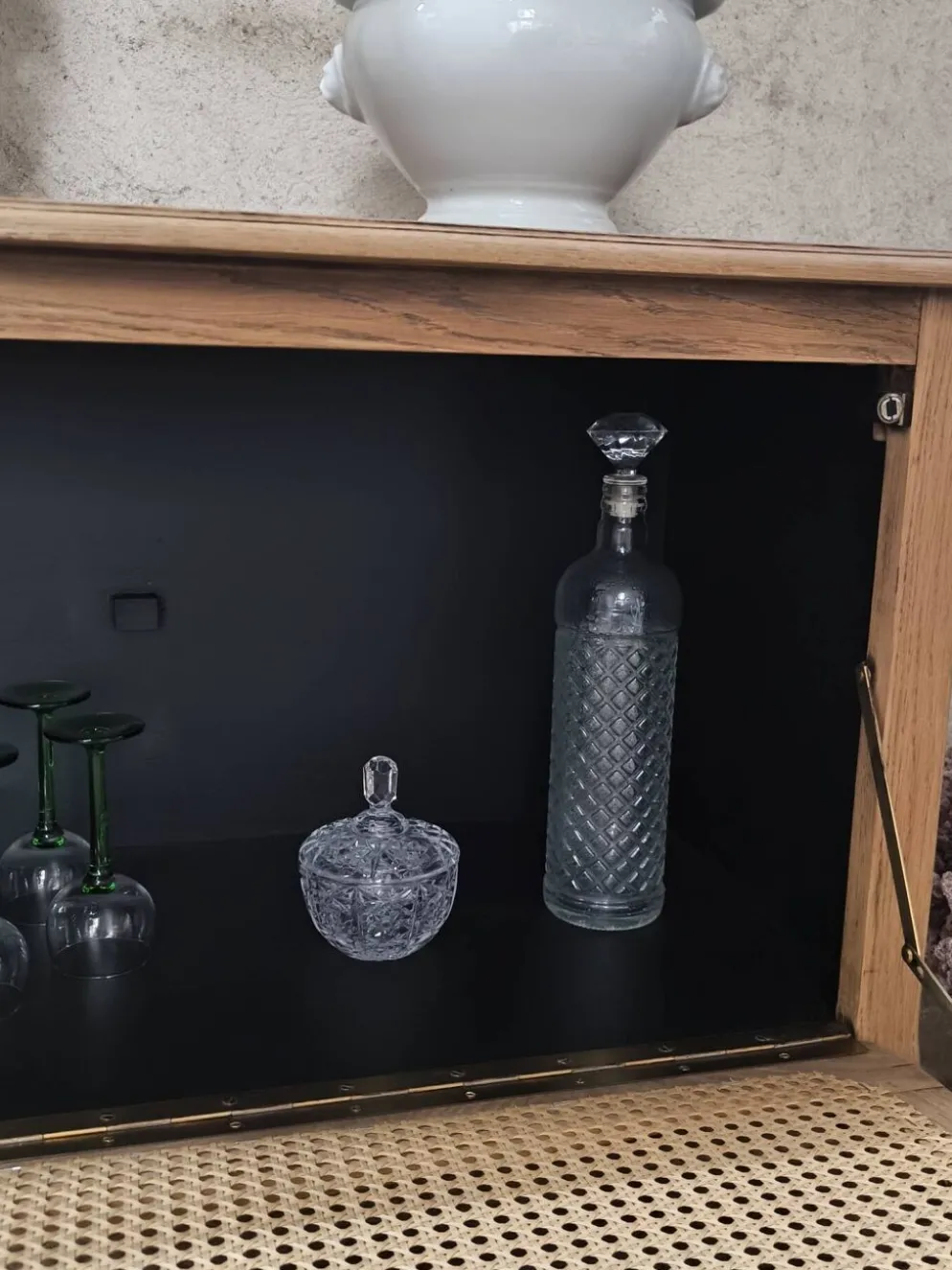 Meuble bar / Desserte en chêne & cannage naturel – Années 50