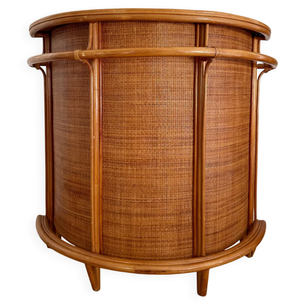 Meuble bar vintage en rotin et cannage tressé – années 70