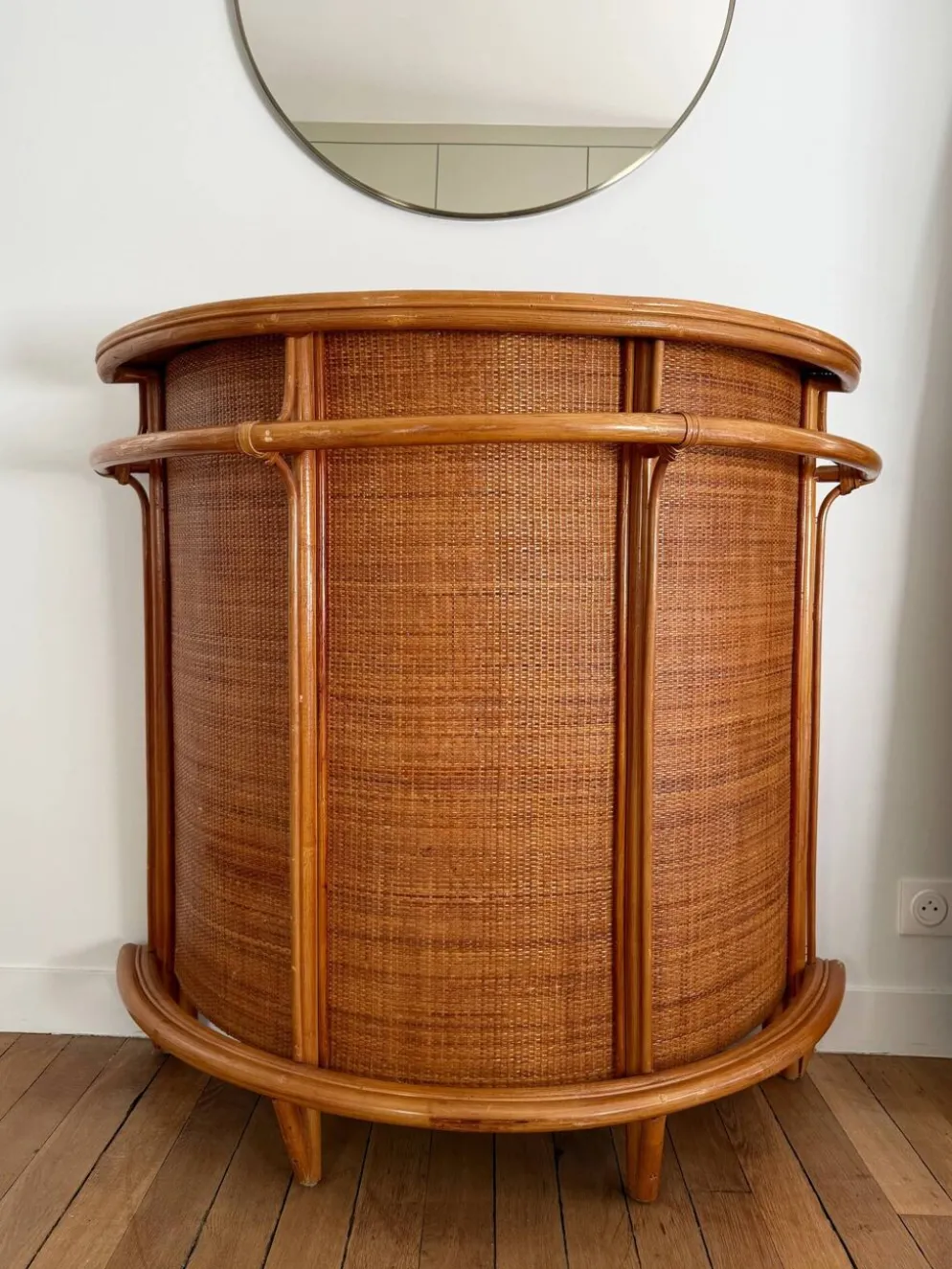 Meuble bar vintage en rotin et cannage tressé – années 70