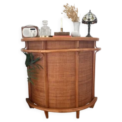 Meuble bar vintage en rotin et cannage tressé – années 70