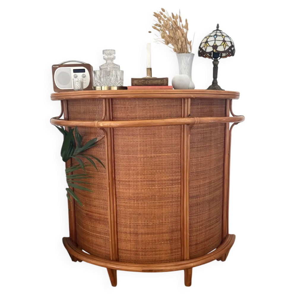 Meuble bar vintage en rotin et cannage tressé – années 70