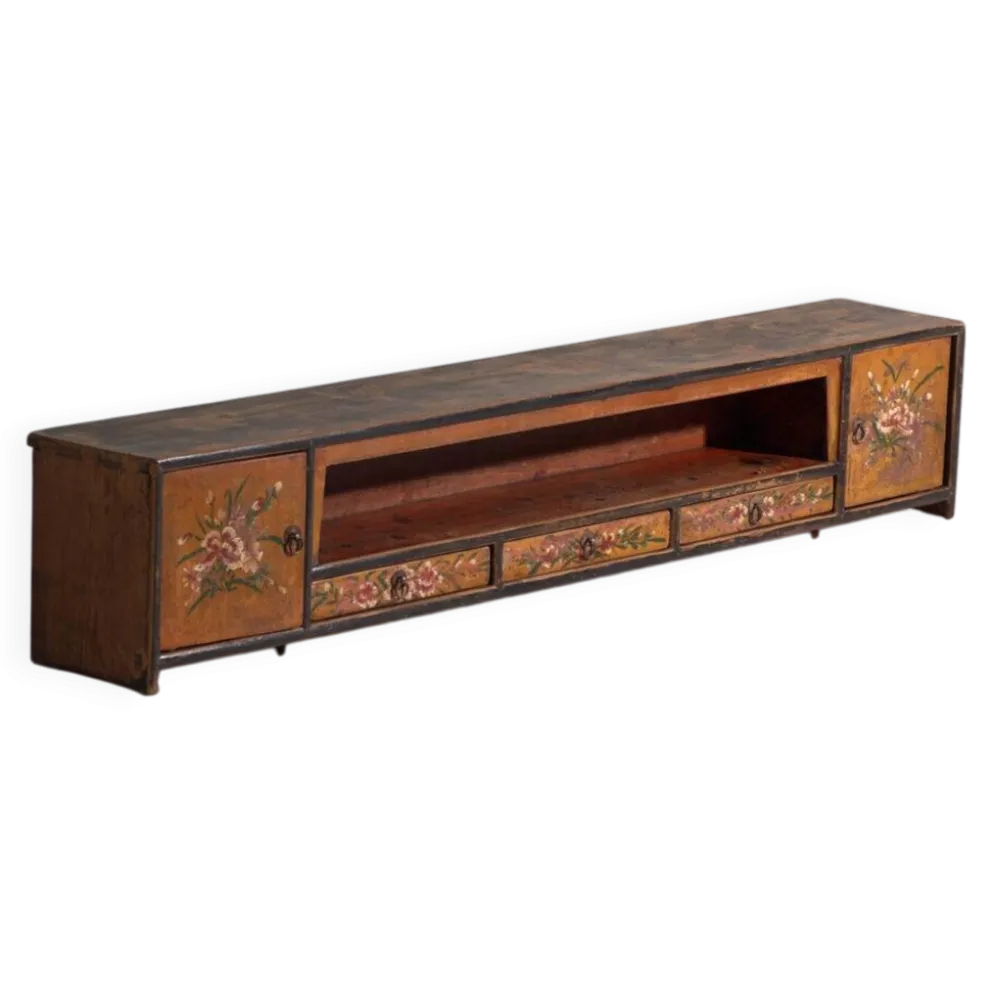 Meuble bas ancien à fleurs peintes en bois de pin – Chine, vers 1900