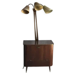 Meuble à boissons Art Déco en noyer marron avec lampe intégrée et laiton, 1950s