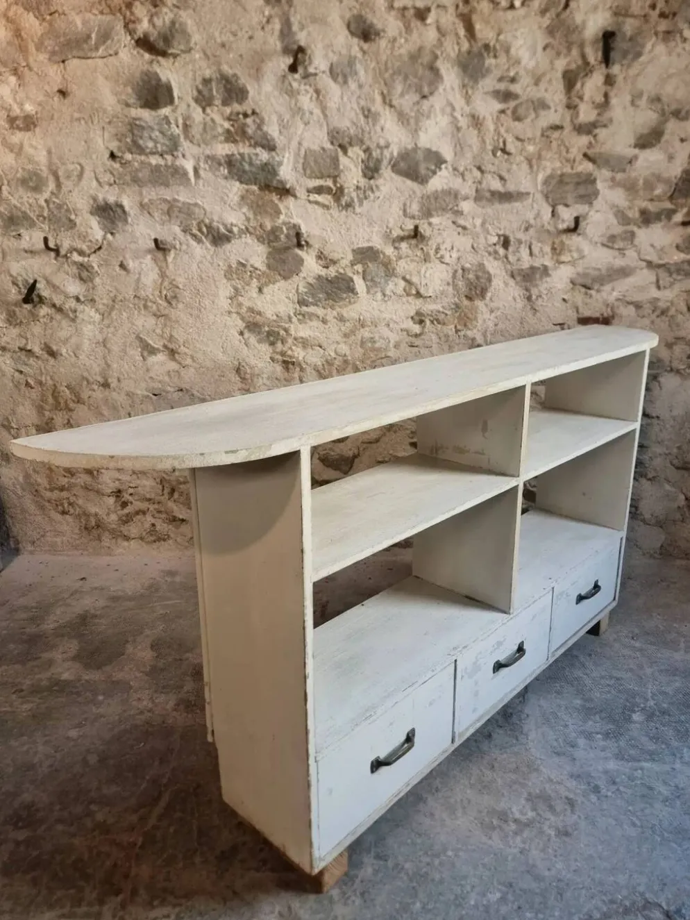 Meuble à chaussures vintage en pin français / meuble de présentation de magasin avec tiroirs, vers 1960