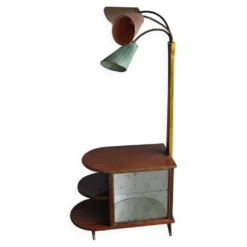 Meuble cocktail éclairé en noyer marron et laiton, abat-jours multicolores, années 1950