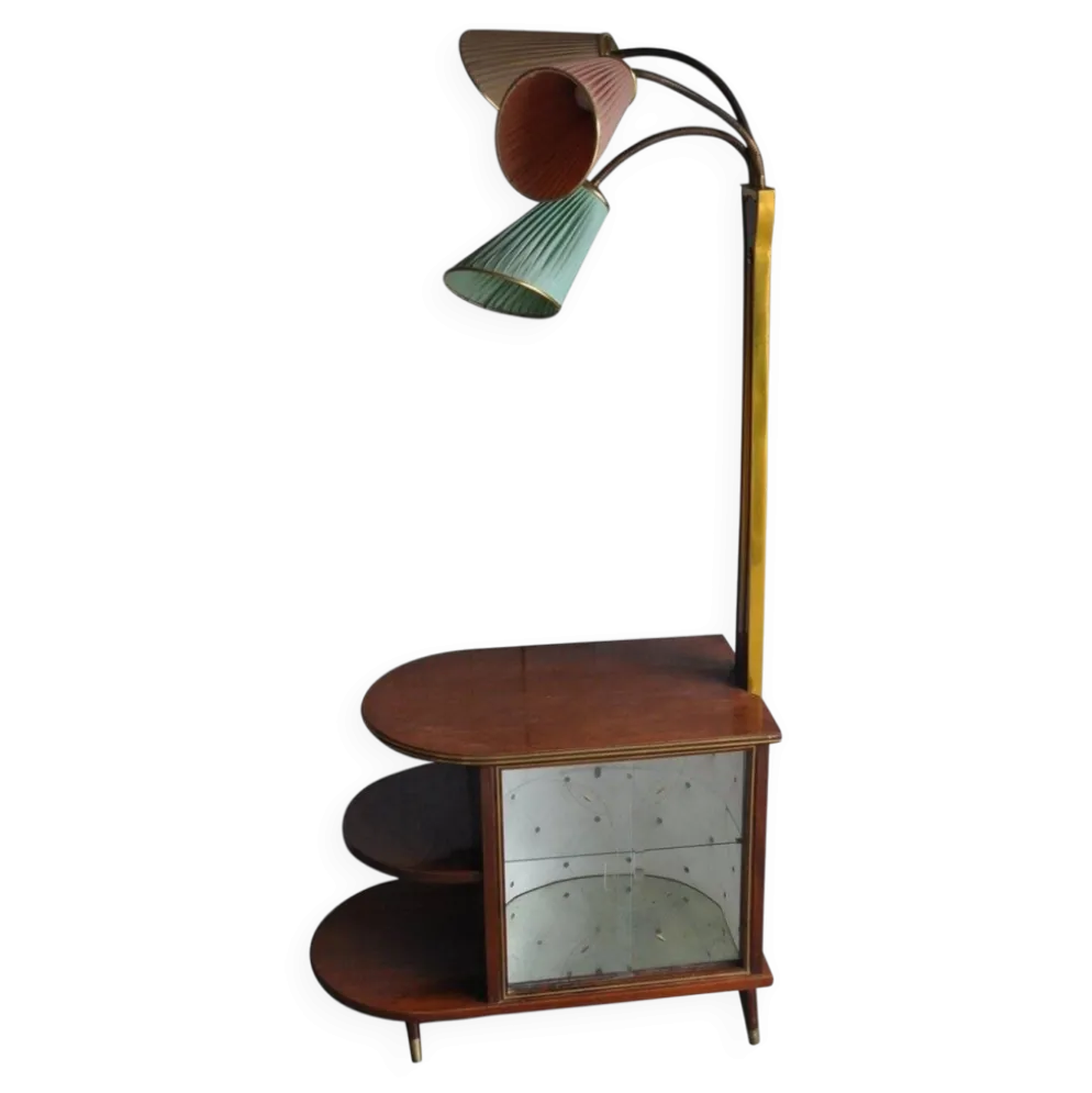 Meuble cocktail éclairé en noyer marron et laiton, abat-jours multicolores, années 1950