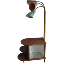 Meuble cocktail éclairé en noyer marron et laiton, abat-jours multicolores, années 1950